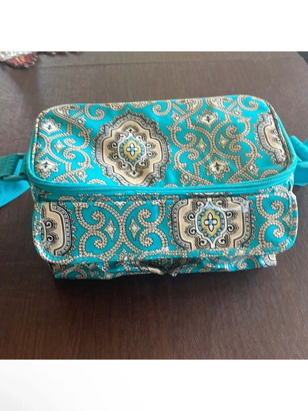 Vera Bradley Turquoise and Cream Patterned Mini Lunch Cooler Crossbody Bag